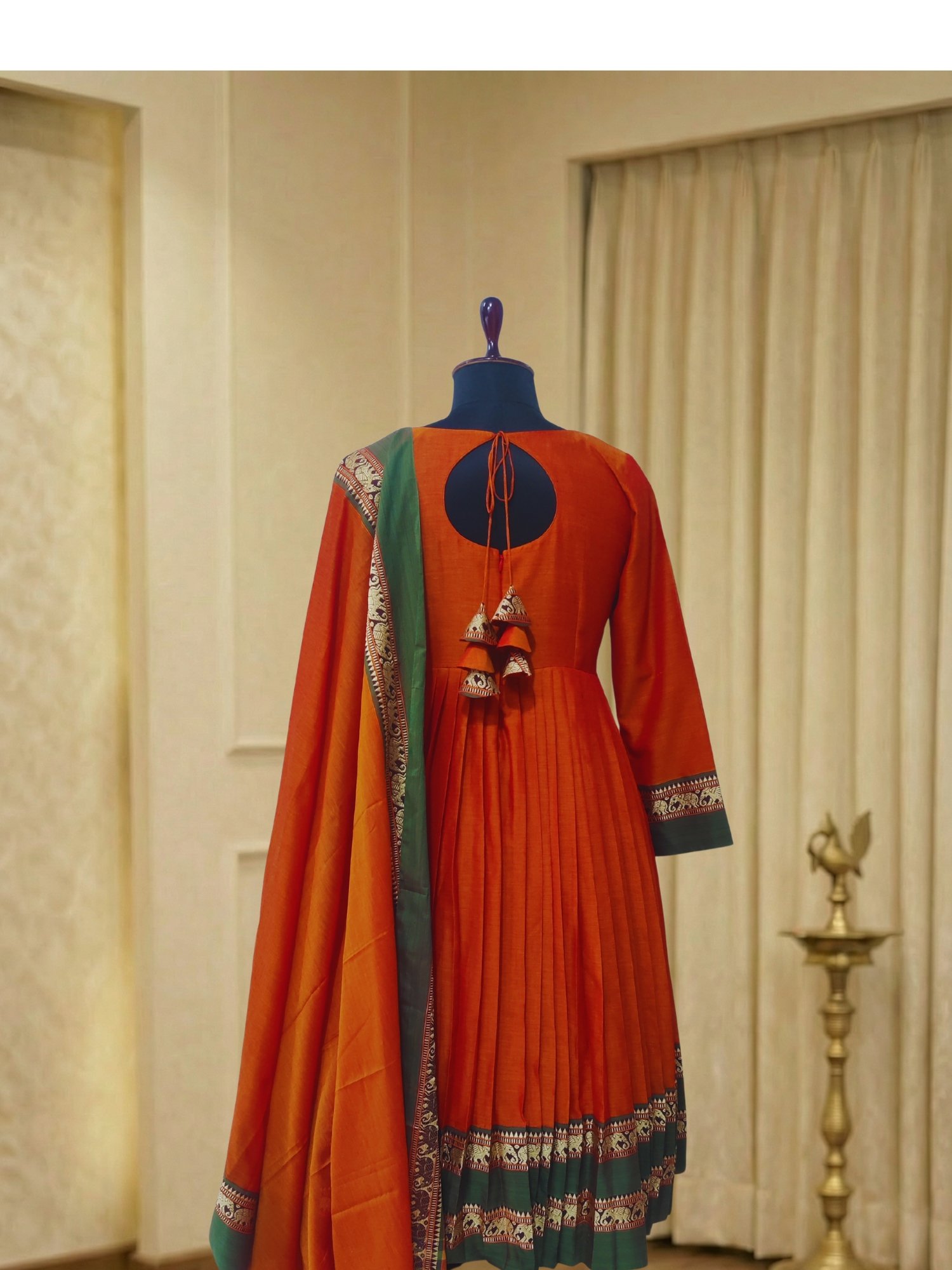 Handloom Narayanpet Cotton Elephant Border Dress – Orange Traditional Ethnic Wear - Image 3